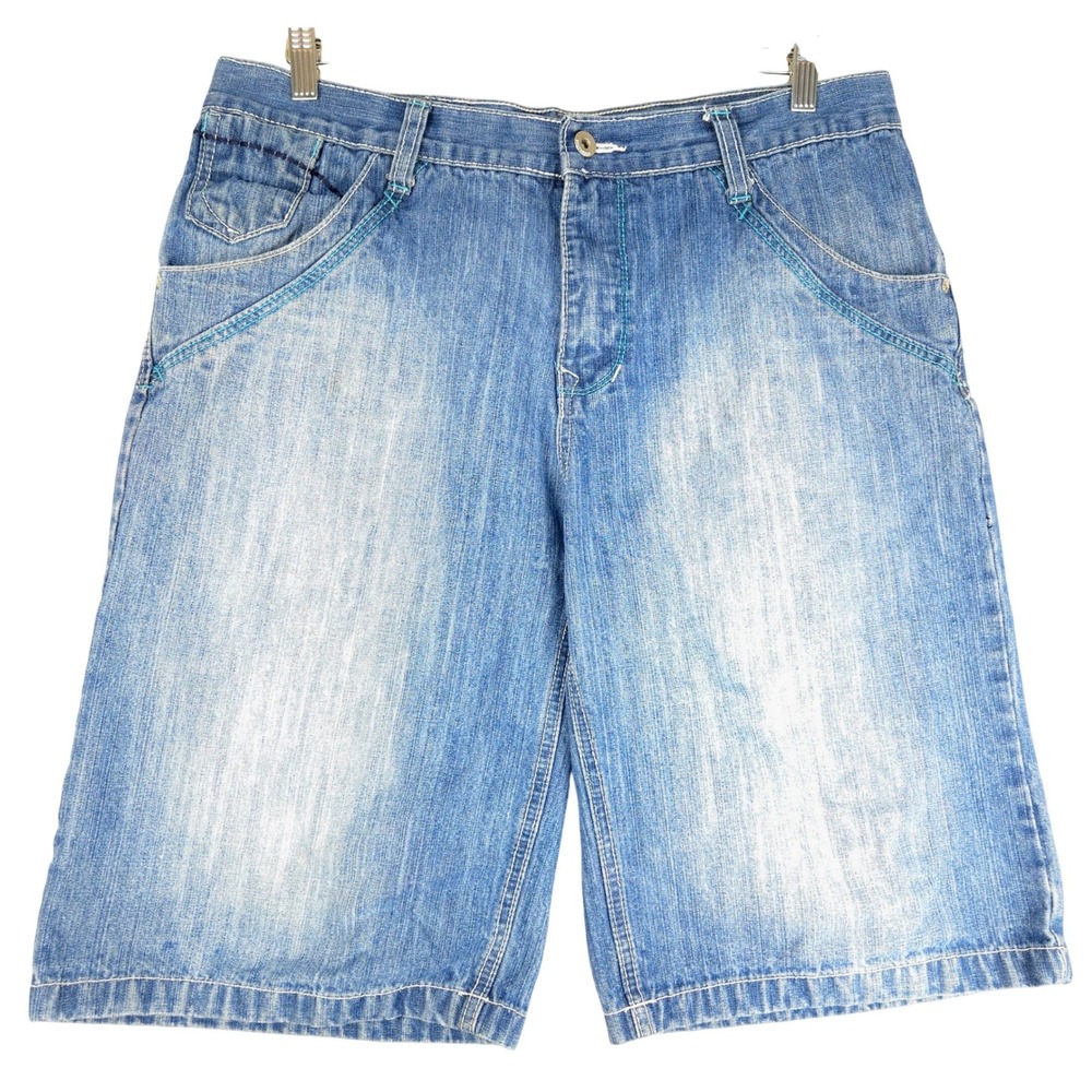 Southpole Mens Baggy Denim Shorts Light Wash Blue Embroidered Logo Size 36 Y2K